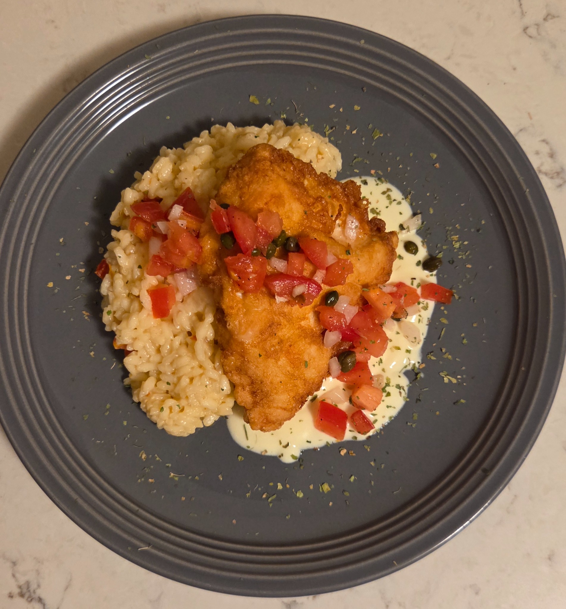 Chicken Francese, Lemon Beurre Blanc, Sundried Tomato Risotto